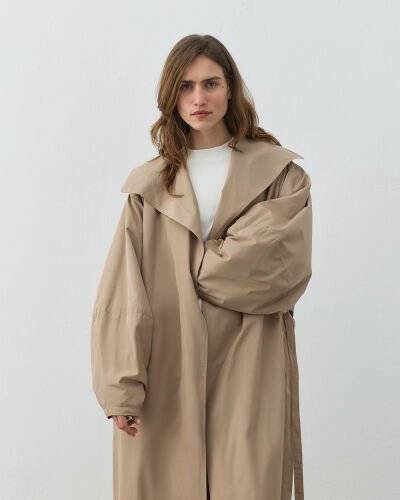 Salaş Yarasa Balon Kol Uzun Trençkot Bej - Aybikestil (1)