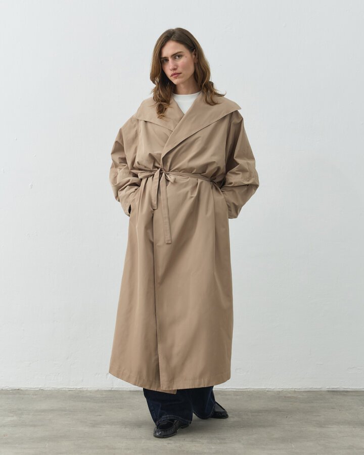 Salaş Yarasa Balon Kol Uzun Trençkot Bej - Aybikestil