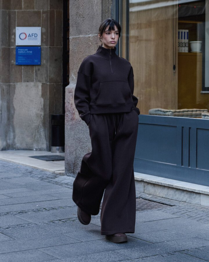 Şardonlu Üç İplik Wide Leg Bol Eşofman Altı Acı Kahve - Aybikestil