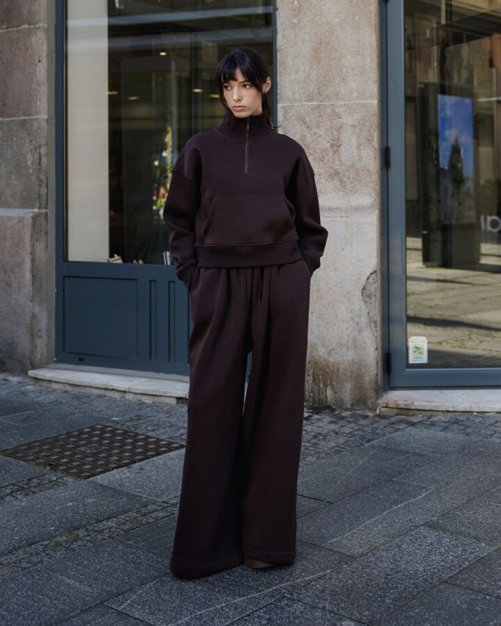 Şardonlu Üç İplik Wide Leg Bol Eşofman Altı Acı Kahve - Aybikestil (1)