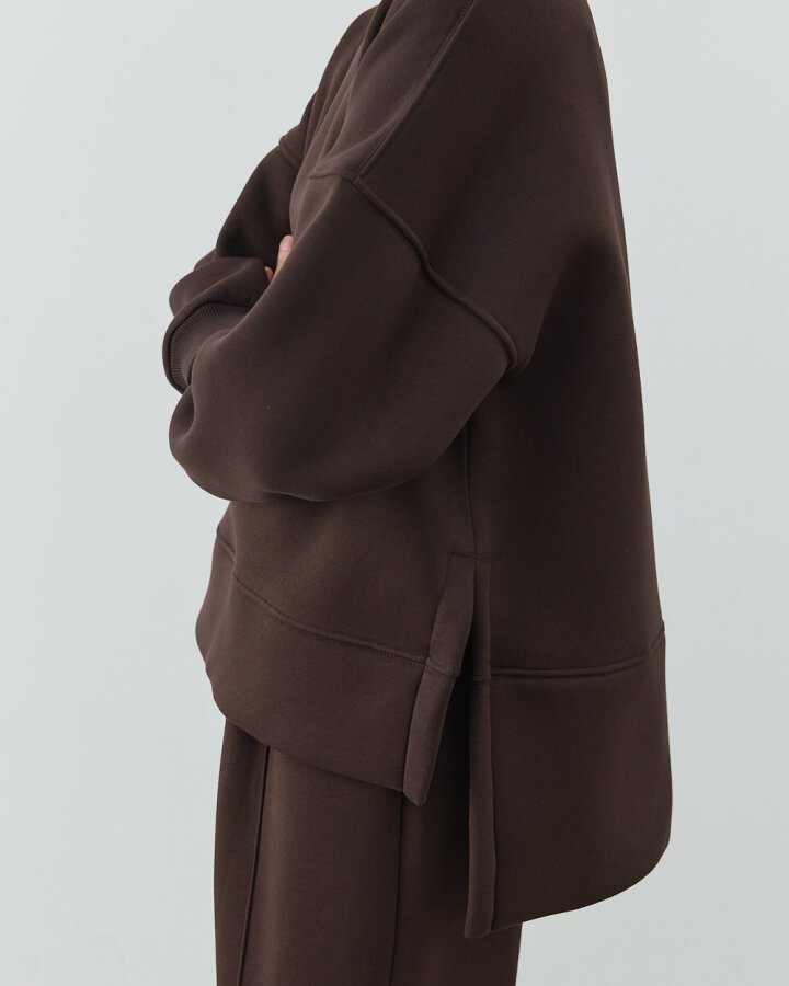 Şardonlu Üç İplik Yırtmaçlı Sweat Bluz Acı Kahve - Aybikestil (1)