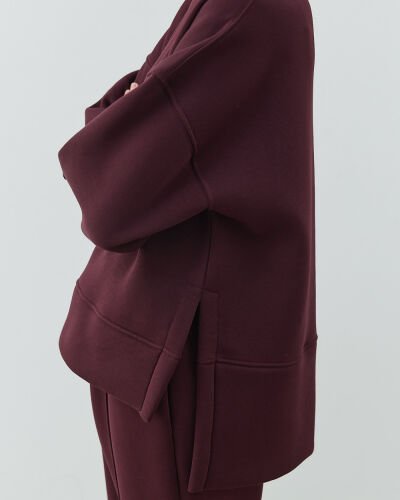 Şardonlu Üç İplik Yırtmaçlı Sweat Bluz Bordo - Aybikestil (1)