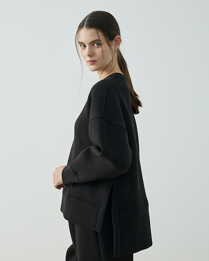 Şardonlu Üç İplik Yırtmaçlı Sweat Bluz Siyah - Aybikestil (1)