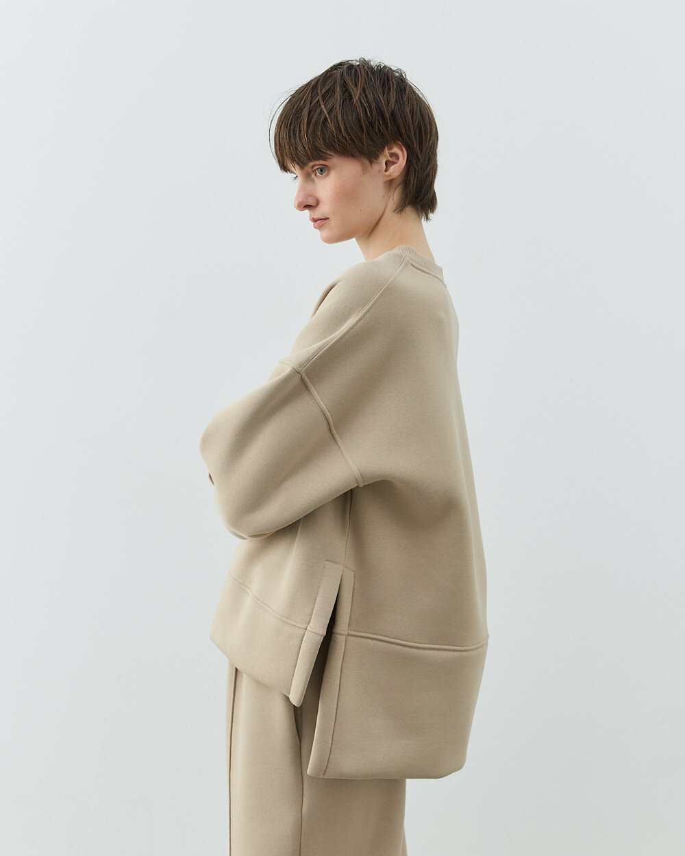 Şardonlu Üç İplik Yırtmaçlı Sweat Bluz Taş - Aybikestil