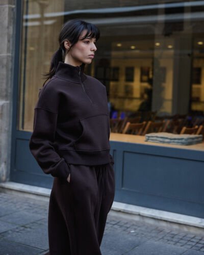 Şardonlu Üç İplik Yüksek Yaka Fermuarlı Cepli Sweat Acı Kahve - Aybikestil (1)