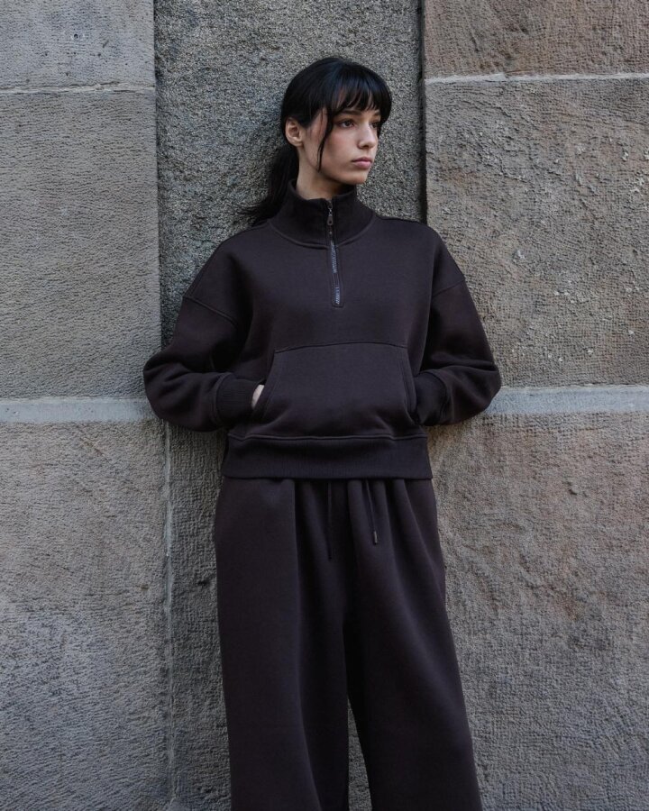 Şardonlu Üç İplik Yüksek Yaka Fermuarlı Cepli Sweat Acı Kahve - Aybikestil