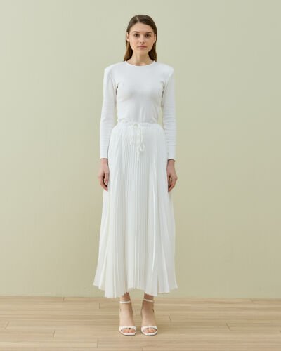 Saten Asimetrik Çok Pilisoley Etek Ekru - Aybikestil (1)