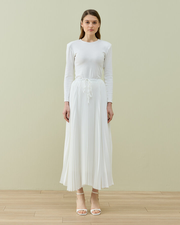 Saten Asimetrik Çok Pilisoley Etek Ekru - Aybikestil (1)