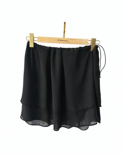 Şifon Fonksiyonel Katlı İçlik Etek Siyah 