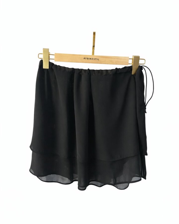 Şifon Fonksiyonel Katlı İçlik Etek Siyah