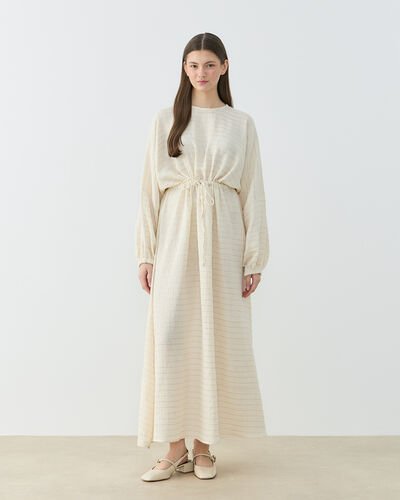 Simli Müslin Yarasa Kol Tünelli Elbise Gold Çizgili - Aybikestil (1)