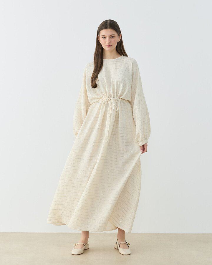 Simli Müslin Yarasa Kol Tünelli Elbise Gold Çizgili - Aybikestil (1)