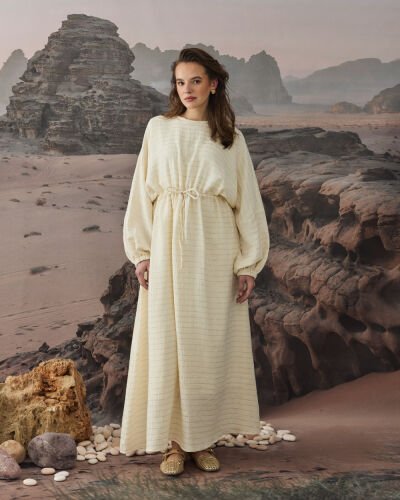 Simli Müslin Yarasa Kol Tünelli Elbise Gold Çizgili 