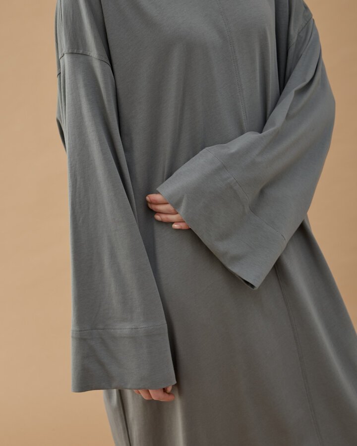 Süprem Basic Dikişli Bol Elbise Gri - Aybikestil (1)