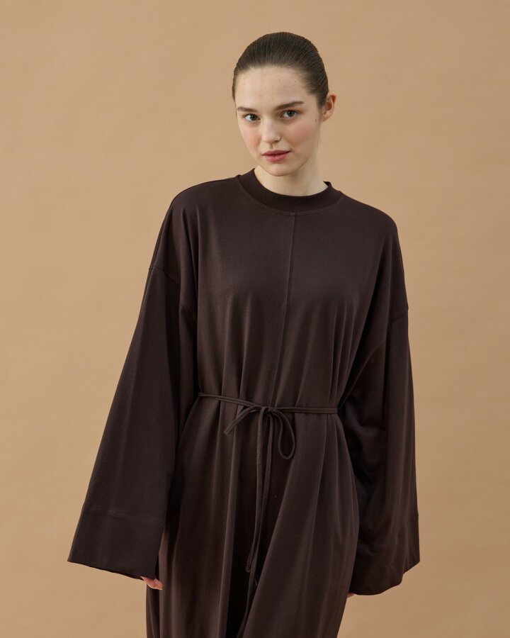 Süprem Basic Dikişli Bol Elbise Kahve - Aybikestil (1)