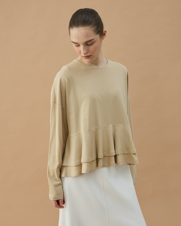 Süprem Çift Kat Volanlı Bluz Bej