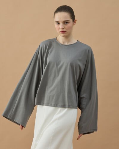 Süprem Crop Pelerin Bluz Gri 