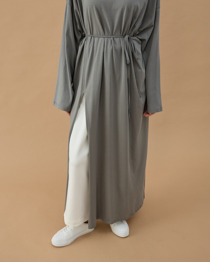 Süprem Uzun Yandan Yırtmaçlı Elbise Gri - Aybikestil (1)