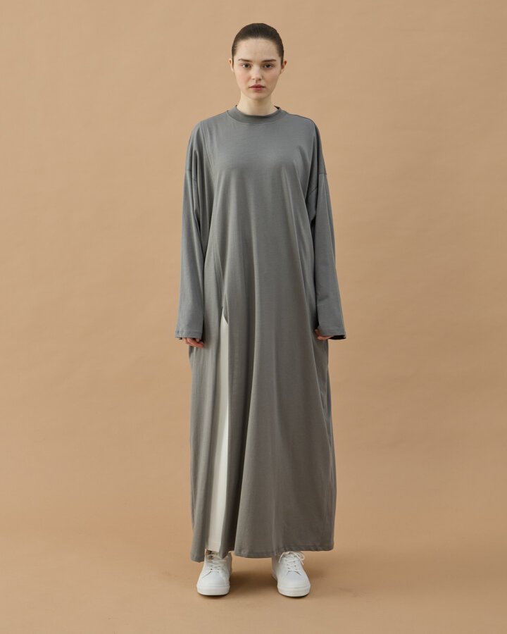 Süprem Uzun Yandan Yırtmaçlı Elbise Gri - Aybikestil (1)