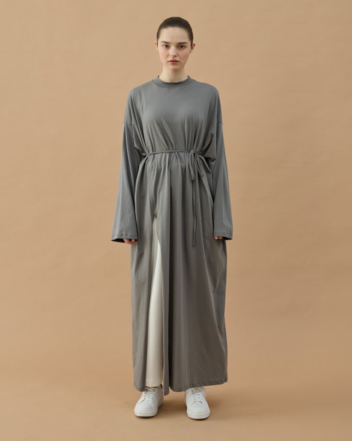 Süprem Uzun Yandan Yırtmaçlı Elbise Gri - Aybikestil