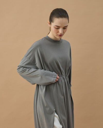 Süprem Uzun Yandan Yırtmaçlı Elbise Gri - Aybikestil (1)