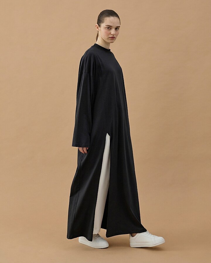 Süprem Uzun Yandan Yırtmaçlı Elbise Siyah - Aybikestil (1)