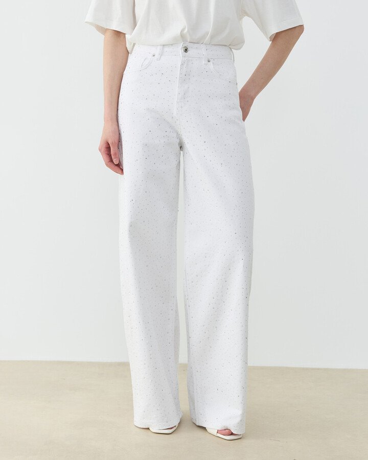 Taşlı Baggy Fit Jean Beyaz