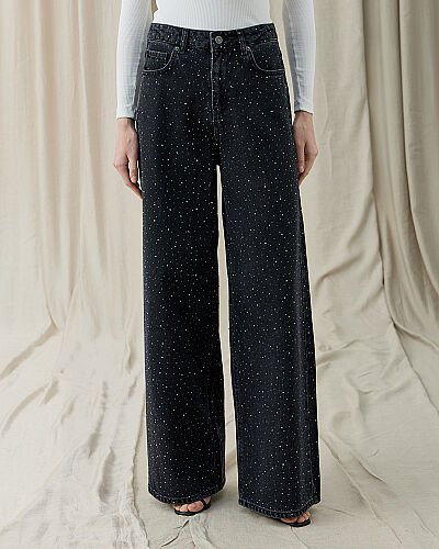 Taşlı Baggy Fit Jean Füme 
