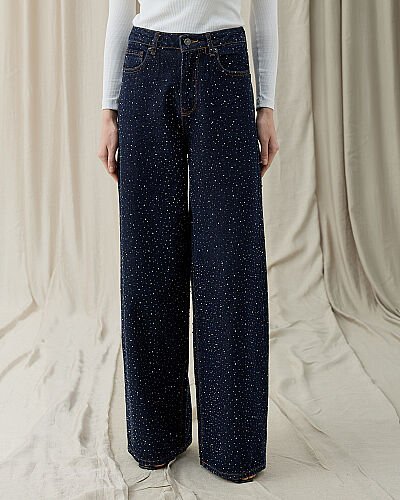 Taşlı Baggy Fit Jean Lacivert 