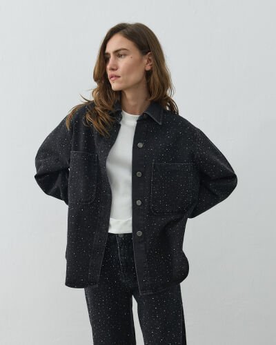 Taşlı Çift Cepli Jean Ceket Füme 