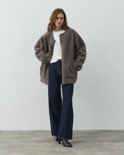 Teddy Fermuarlı Cepli Ceket Vizon - Aybikestil (1)