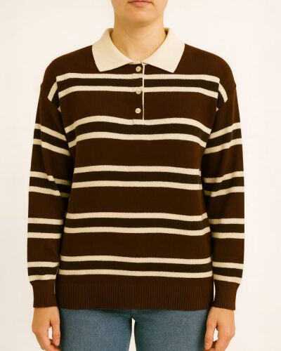 Triko Çizgili Polo Yaka Basic Kazak Kahverengi Çizgili 