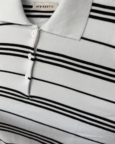 Triko Çizgili Polo Yaka Kazak Beyaz Siyah Çizgili - Aybikestil (1)