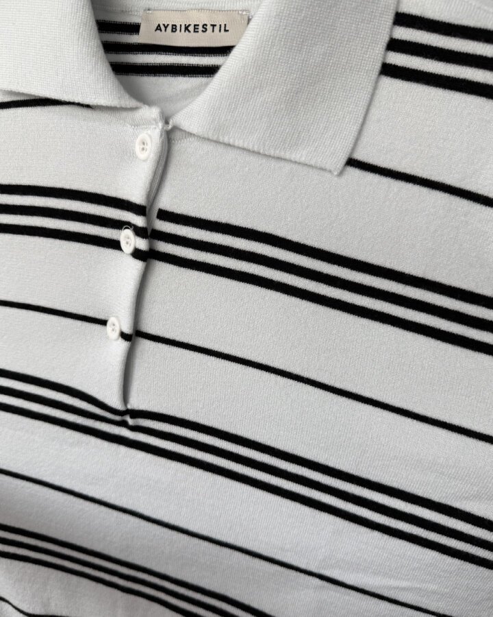 Triko Çizgili Polo Yaka Kazak Beyaz Siyah Çizgili - Aybikestil (1)