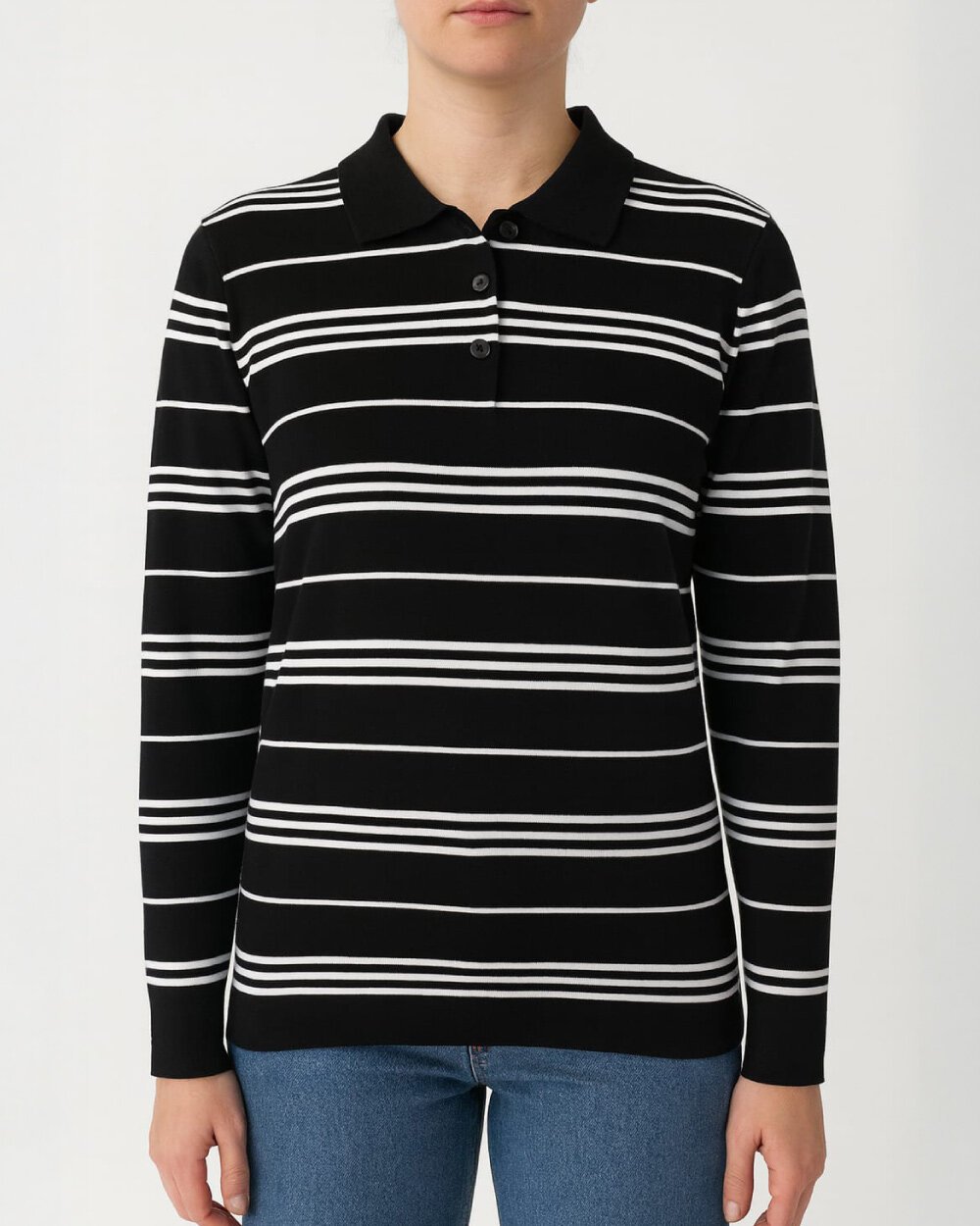 Triko Çizgili Polo Yaka Kazak Siyah Beyaz Çizgili - Aybikestil