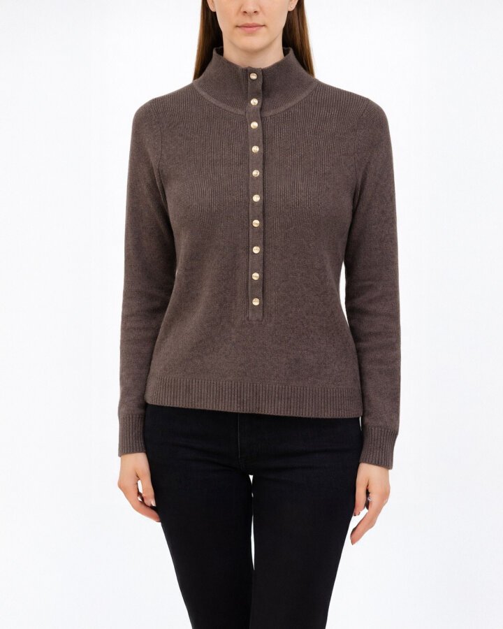 Triko Önden Çıt Çıtlı Fitilli Kazak Kahve - Aybikestil