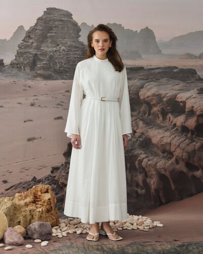 Vual Nervürlü Elbise Ekru - Aybikestil