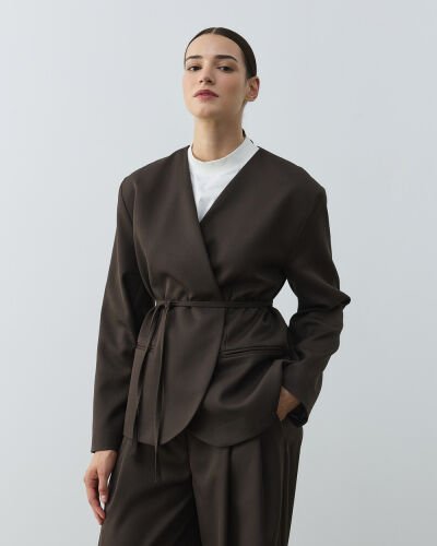 Yakasız Blazer Ceket Acı Kahve - Aybikestil (1)