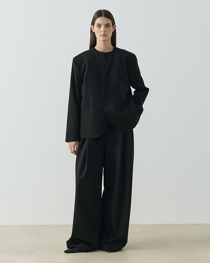 Yakasız Yuvarlak Blazer Ceket Siyah - Aybikestil (1)
