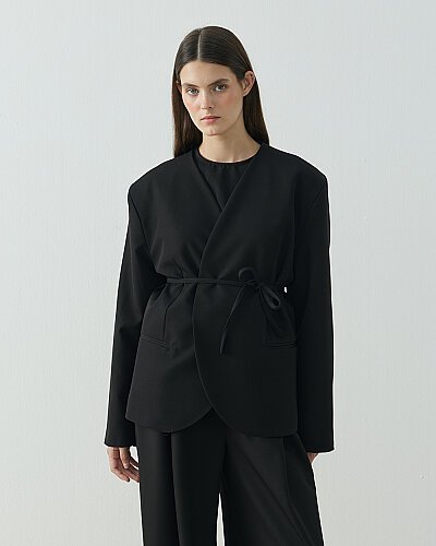 Yakasız Yuvarlak Blazer Ceket Siyah 