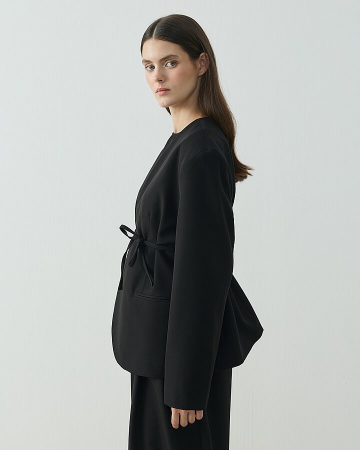 Yakasız Yuvarlak Blazer Ceket Siyah - Aybikestil (1)