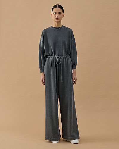 Yıkamalı Cotton İki İplik Wide Leg Bol Eşofman Altı Antrasit - Aybikestil (1)