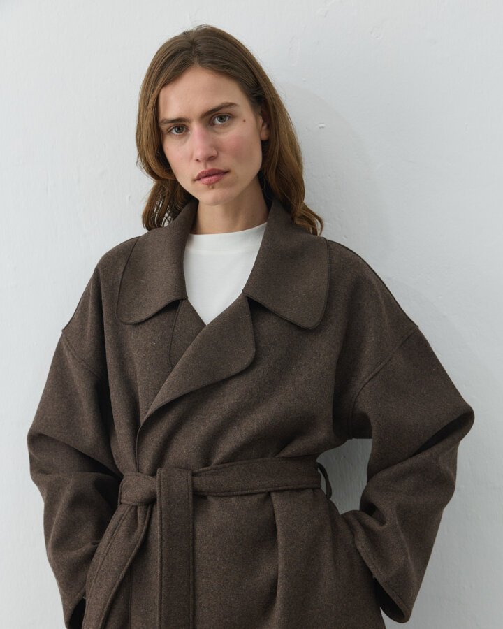 Yün Oversize Yırtmaçlı Kruvaze Kaban Acı Kahve - Aybikestil (1)