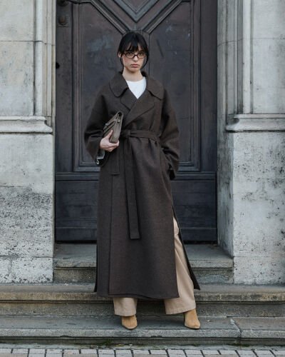 Yün Oversize Yırtmaçlı Kruvaze Kaban Acı Kahve 