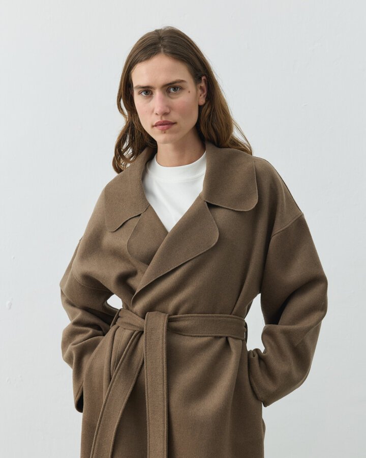 Yün Oversize Yırtmaçlı Kruvaze Kaban Camel - Aybikestil (1)