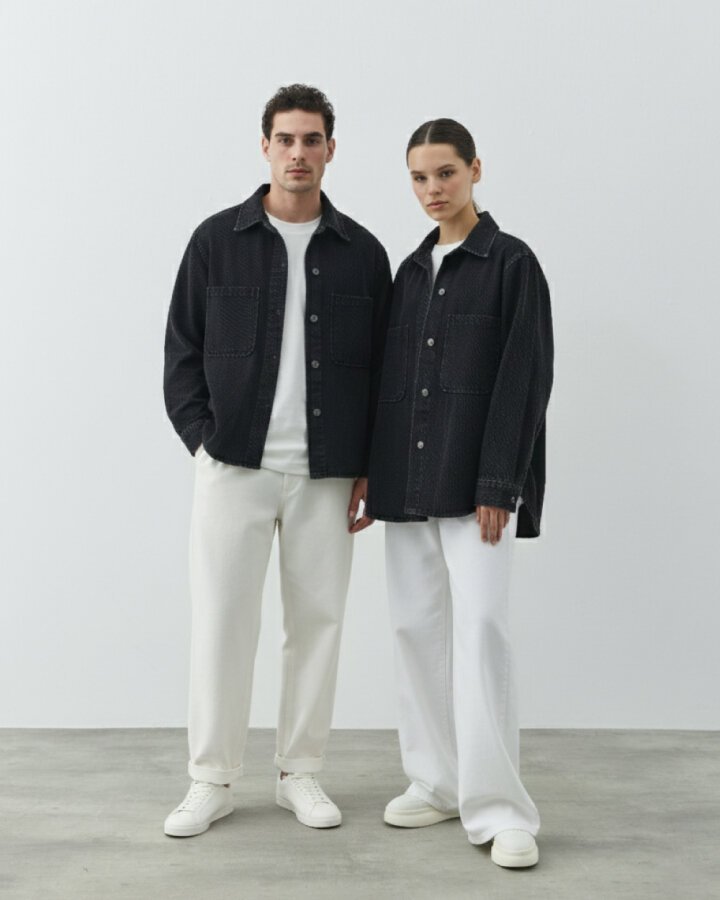 Unisex Çift Cepli Jean Ceket Çift Paket Füme - 