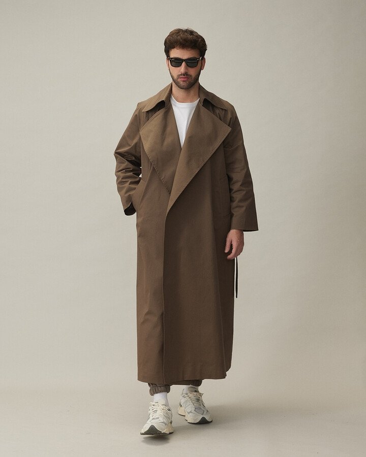Erkek Minimal Oversize Uzun Trençkot Haki