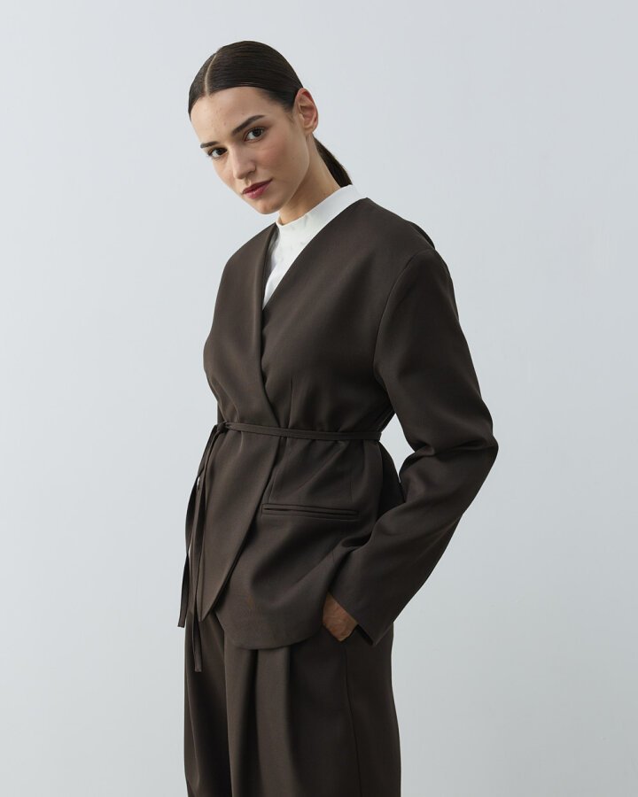 Yakasız Blazer Ceket Acı Kahve - Aybikestil (1)