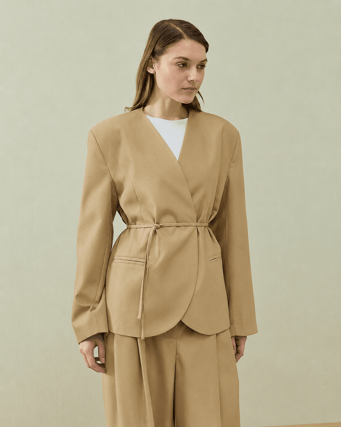 Yakasız Blazer Ceket Camel - Aybikestil