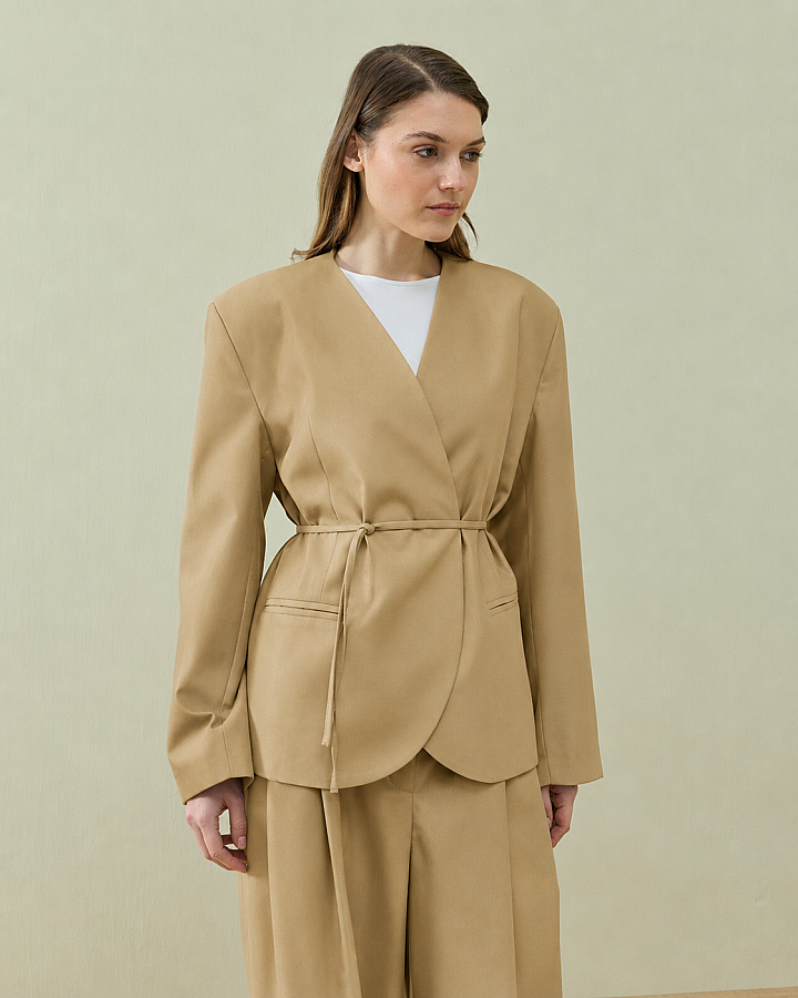 Yakasız Blazer Ceket Camel